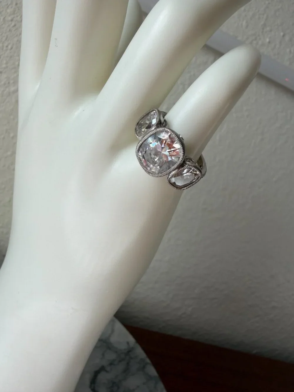 Vintage Jean Dousset Heirloom 925 CZ 3-Stone Mill-grain Cushion Cut Ring - Picture 7 of 17